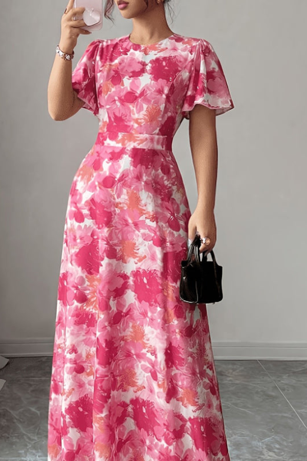 Elegant women's retro floral midi dress with a flowing pleated skirt for summer comfort.