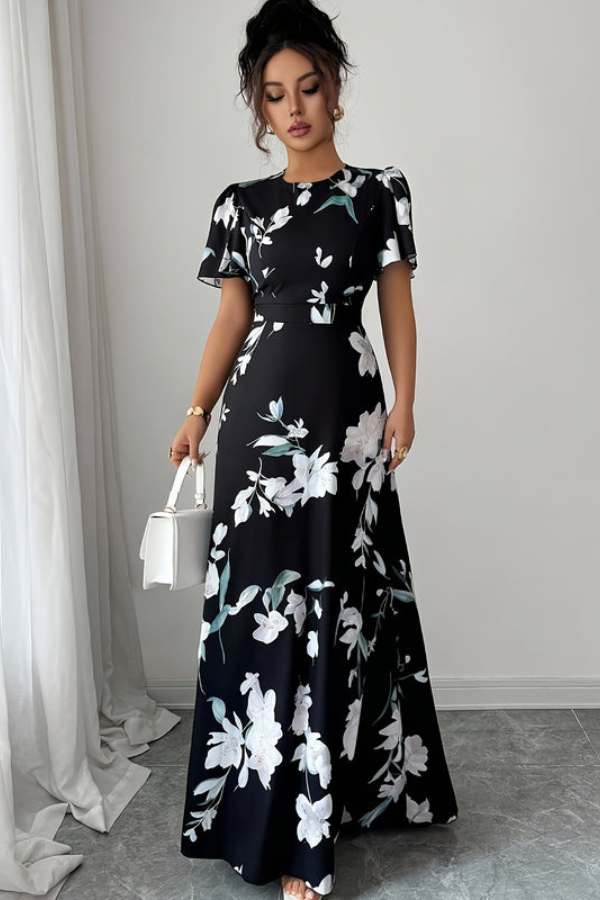 Elegant women's floral pleated midi dress, perfect for retro summer parties or vacation.