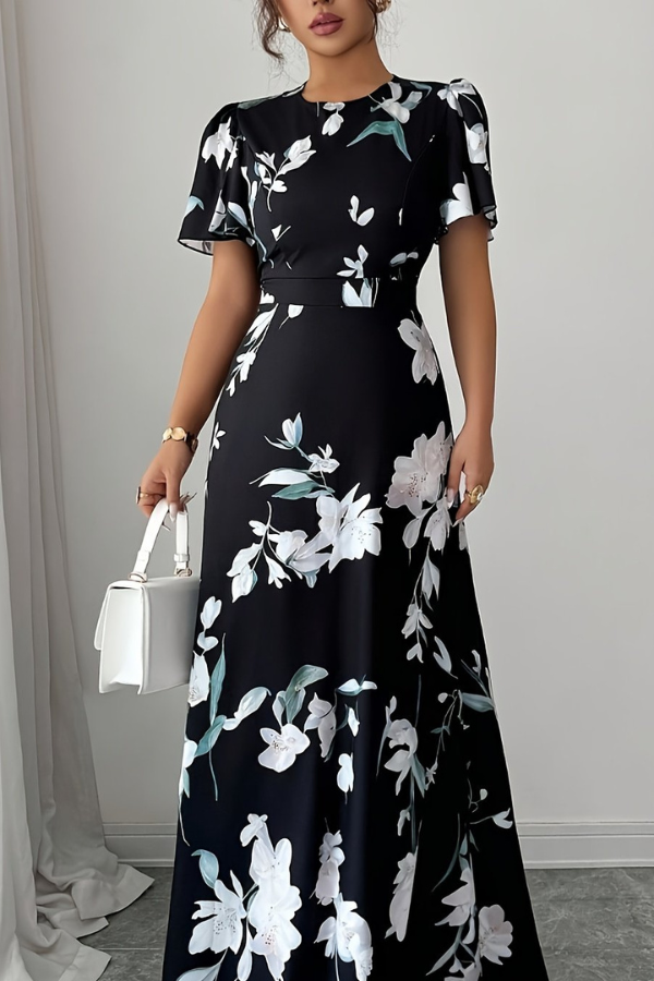 Retro style midi dress for women, featuring a beautiful floral print and elegant pleats.