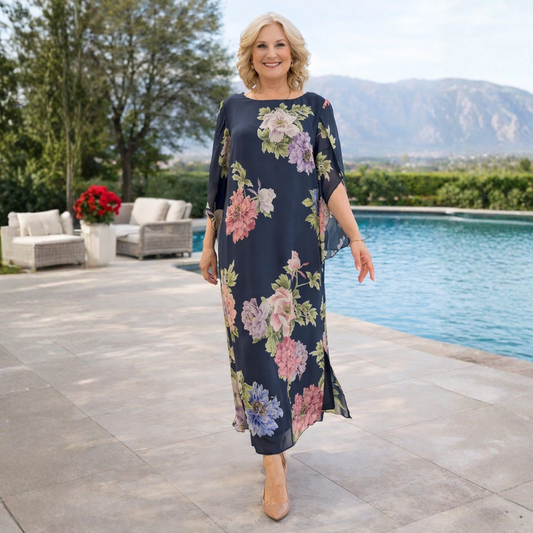 Elegant women's floral print maxi dress, perfect for summer parties & casual occasions. Features a long, flowing design.