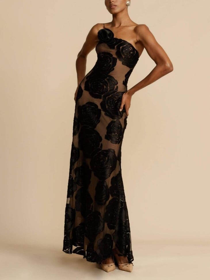 Flowy floral maxi dress for women, an elegant long summer dress ideal for wedding guests & occasion wear.