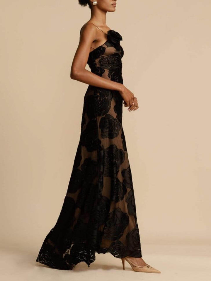 Chic women's floral maxi dress, elegant day or evening attire for wedding guests and special summer events.