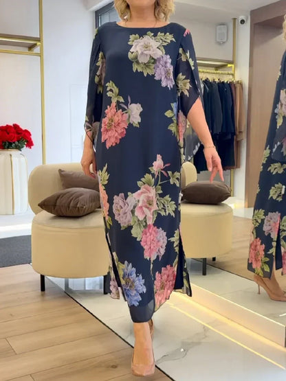 Versatile women's floral maxi dress; elegant yet casual. Comfortable, flowing long dress for summer events & everyday wear.