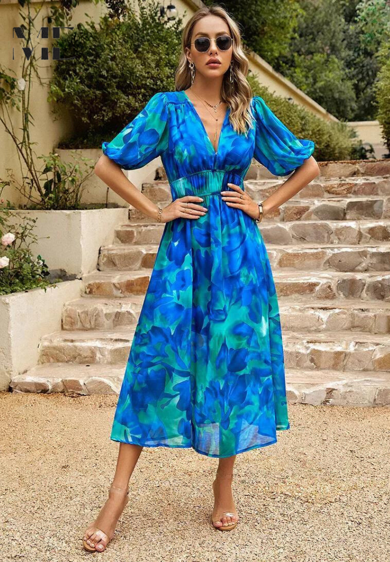 Hanging elegant women's floral print midi dress with V-neck, puff sleeves, A-line. Ready for spring/summer wear.