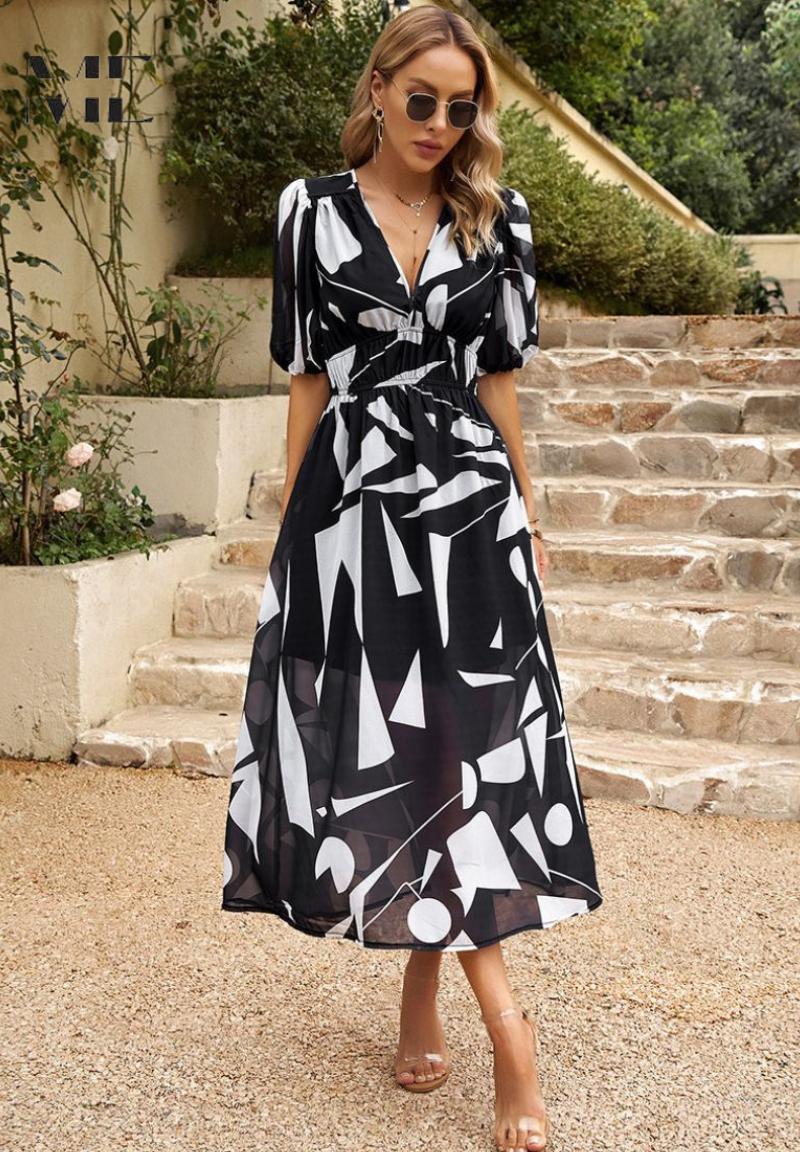 Front view of a women's elegant floral print midi dress, ideal for spring fashion and feminine style.