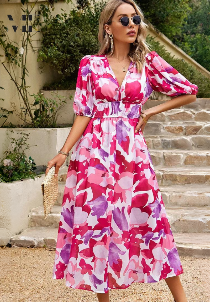 Beautiful women's floral print midi dress with V-neck, puff sleeves, an A-line cut. Perfect for any elegant occasion.