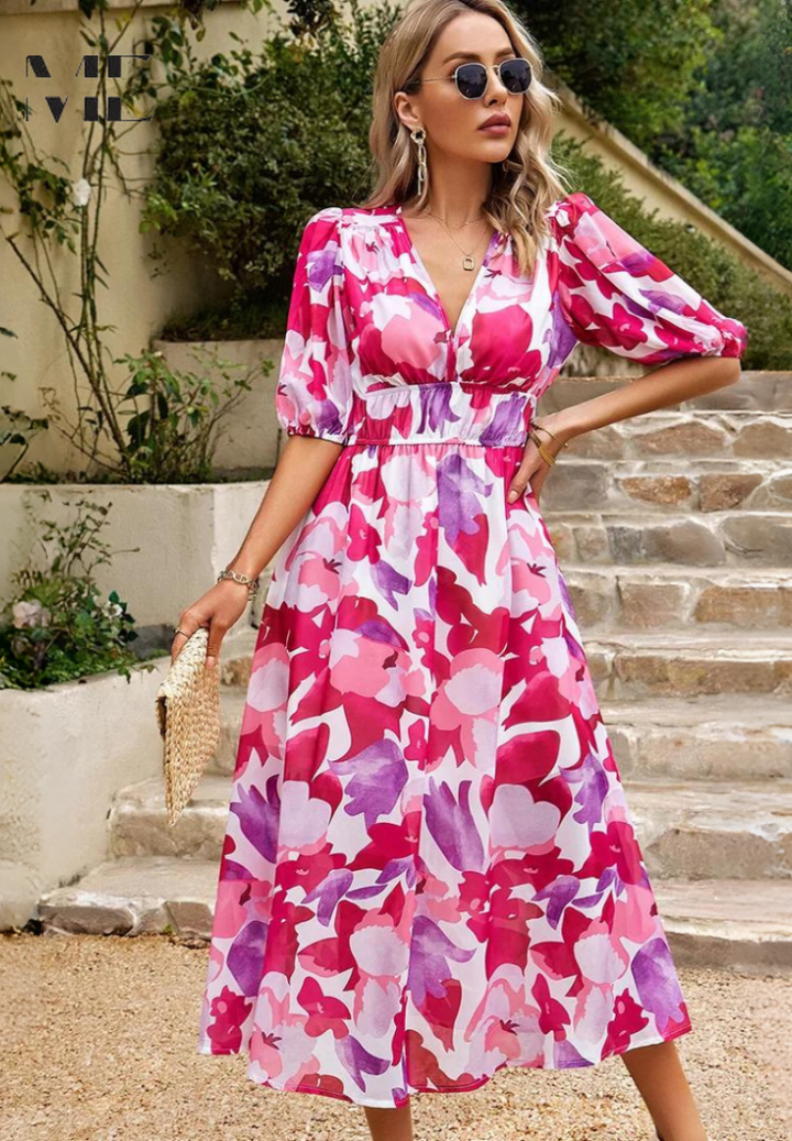 Beautiful women's floral print midi dress with V-neck, puff sleeves, an A-line cut. Perfect for any elegant occasion.