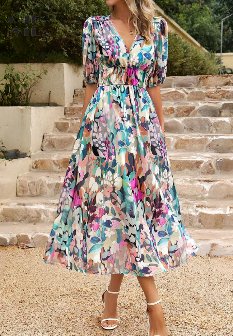 Flowing A-line women's midi dress with V-neck & puff sleeves. Elegant floral print, ideal for casual elegance.