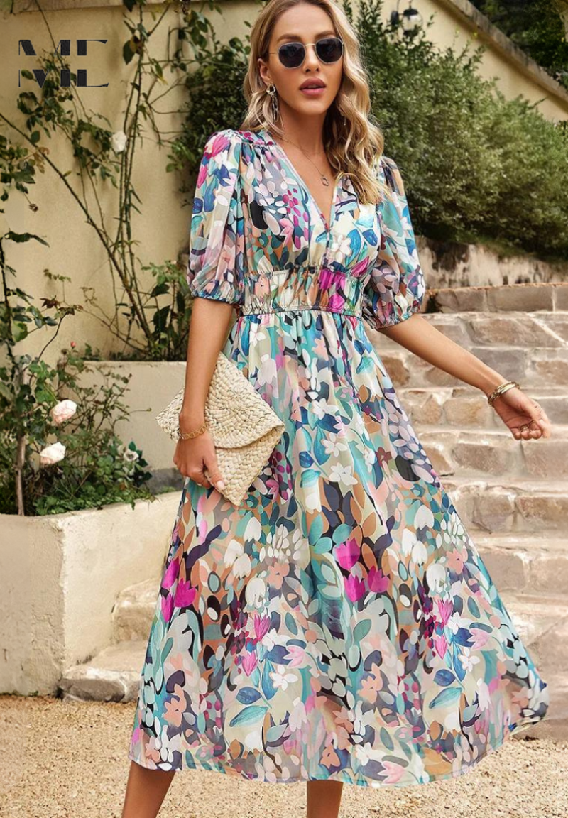 Back view of elegant women's floral midi dress, showcasing A-line silhouette and comfortable fit for summer.