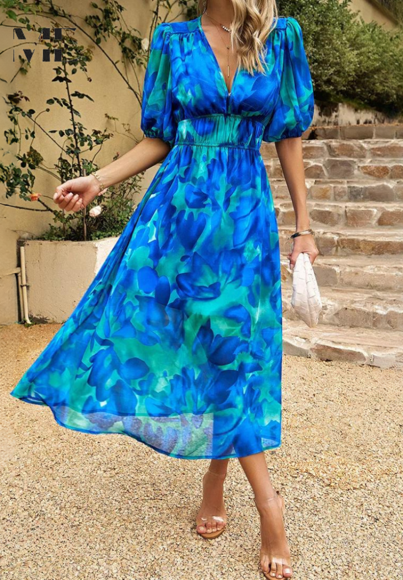 Women's casual elegant floral print midi dress, V-neck, puff sleeves. A-line for comfortable spring/summer fashion.