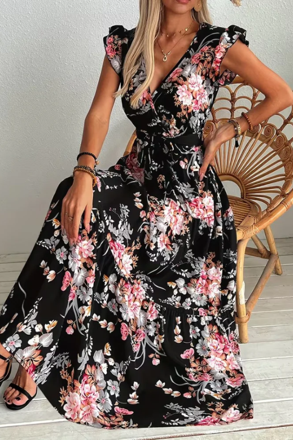 Elegant women's floral print swing maxi dress with V-neck, ruffle sleeves & belt, perfect for summer parties.