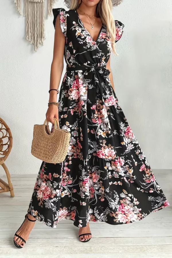 Women's V-neck floral swing dress with ruffle sleeves & belt. Ideal for vacation, casual wear, or parties.