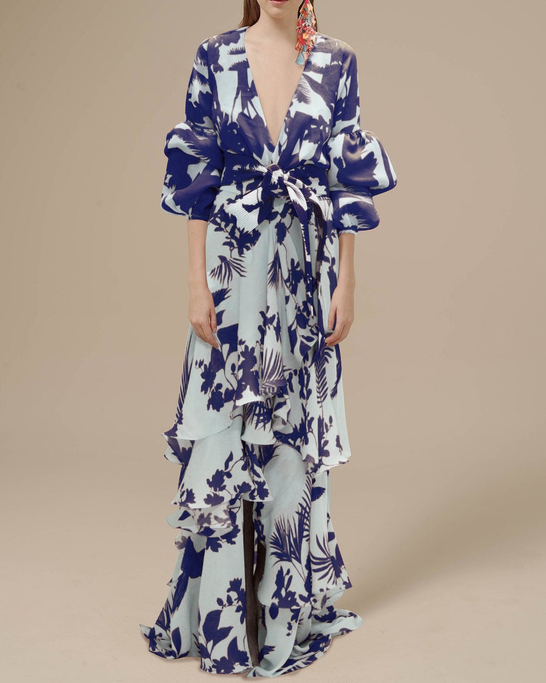 Stylish women's floral maxi dress with ruffles & belt, an elegant long sleeve statement piece for occasion wear.
