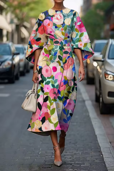 Elegant women's floral summer midi dress, perfect for special occasions & parties. Features a flowy, feminine design.