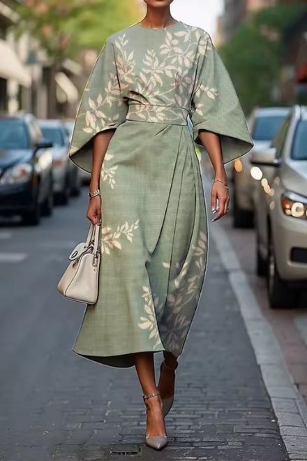 Moxlan #1148 elegant women's floral summer midi dress. A flowy, comfortable party and special occasion outfit.