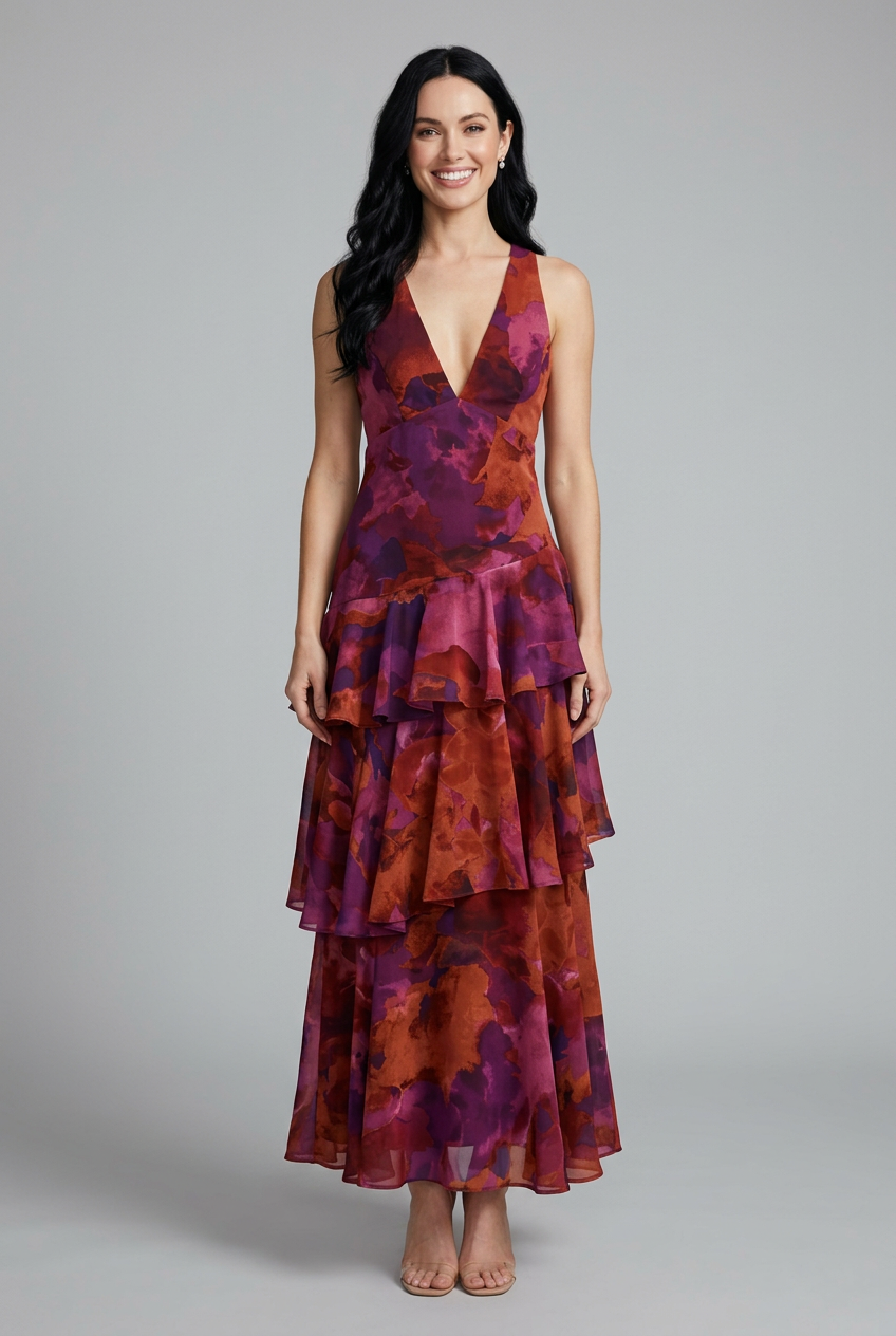 Elegant women's floral tiered maxi dress with V-neck, sleeveless, ideal for summer, vacation, resort wear.