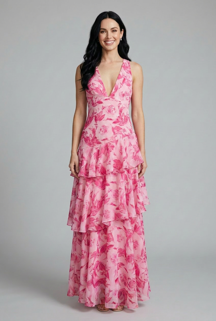 Soft women's sleeveless V-neck floral maxi dress with tiered skirt, comfortable for summer and resort.