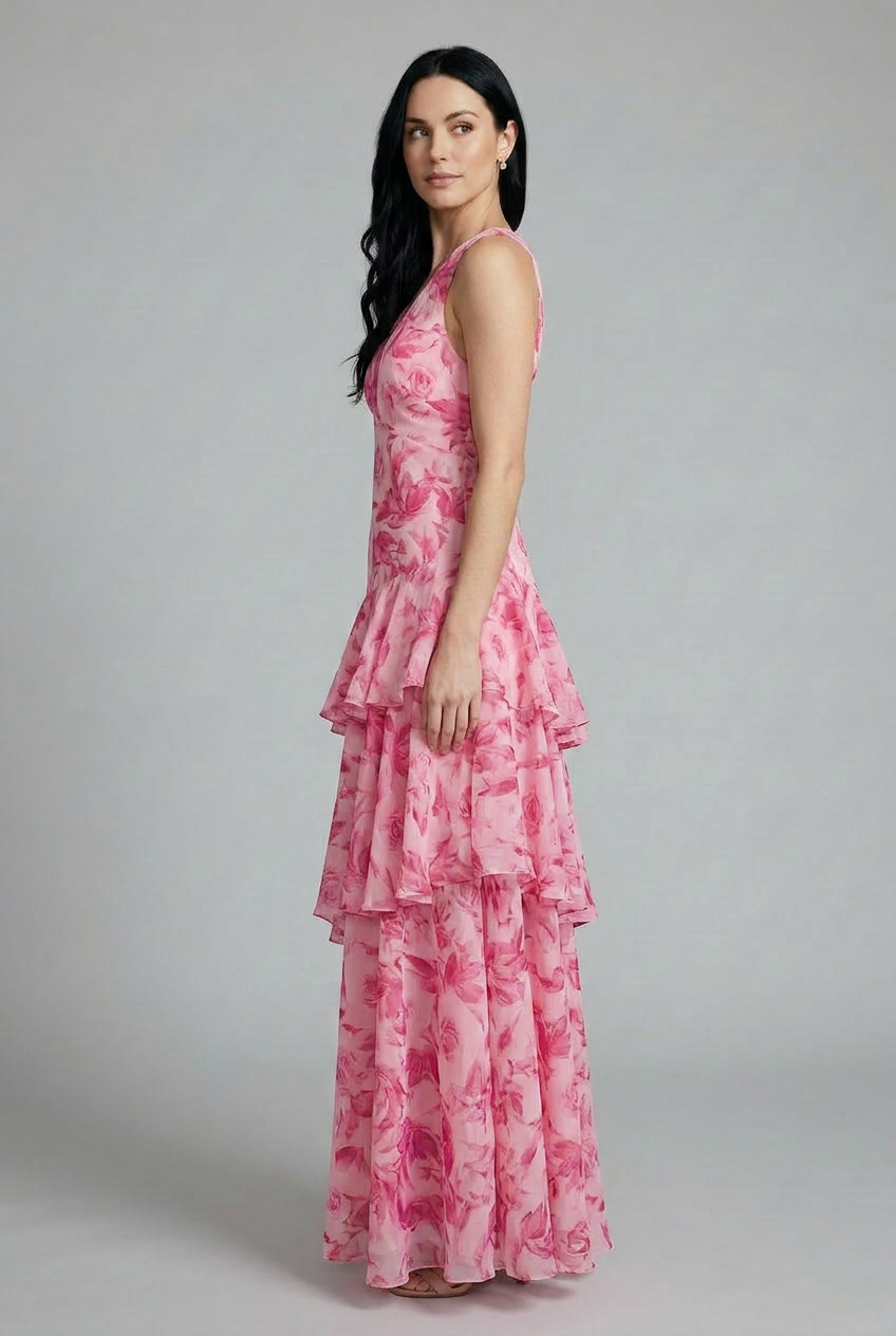 Women's floral tiered maxi dress, sleeveless V-neck, in pink, purple, or yellow for summer fashion.
