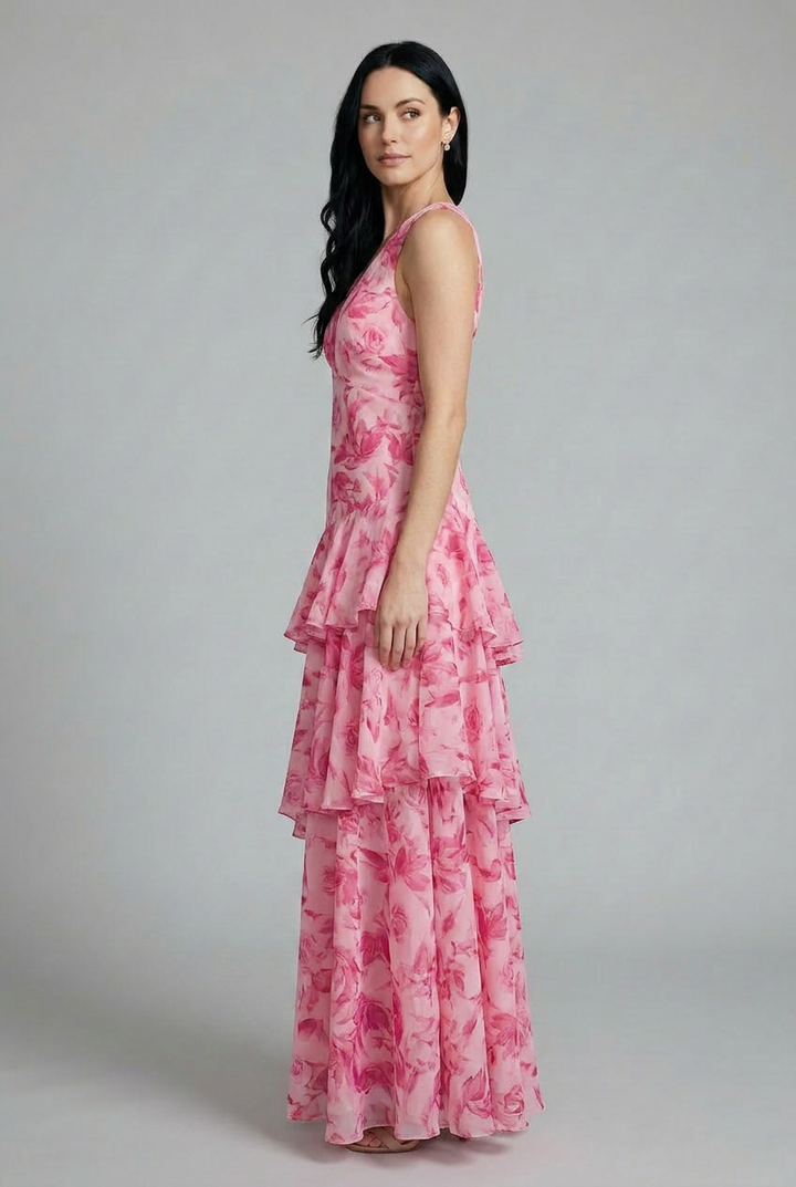 Women's floral tiered maxi dress, sleeveless V-neck, in pink, purple, or yellow for summer fashion.