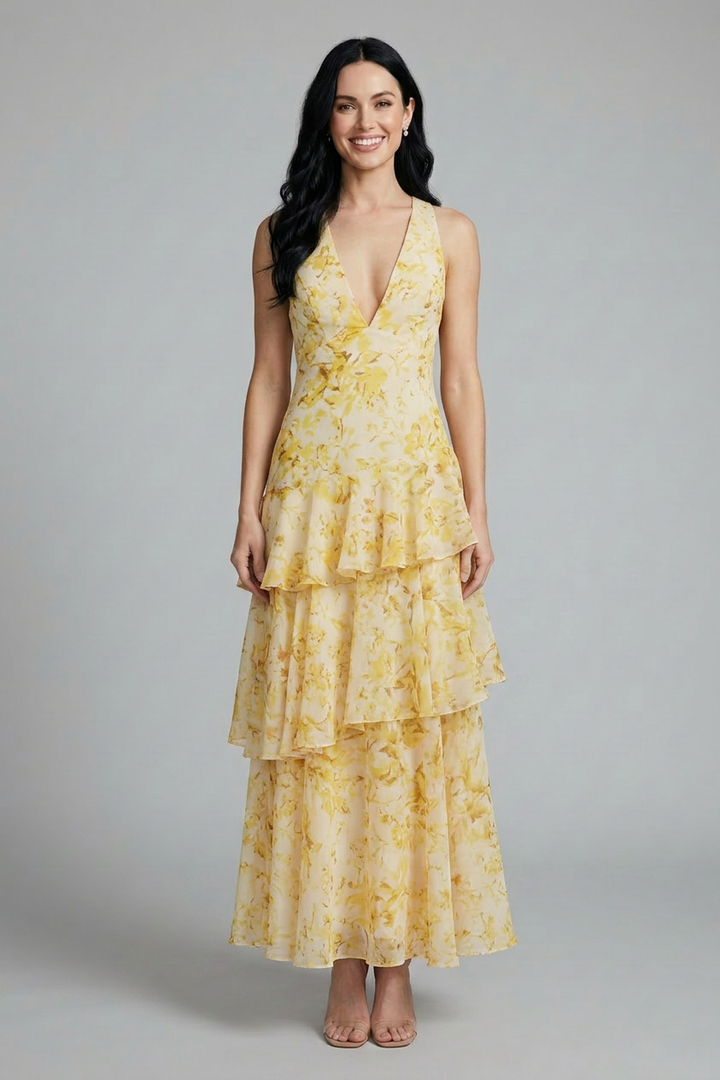 Flowy women's floral print tiered maxi dress, sleeveless V-neck, an elegant summer and vacation essential.