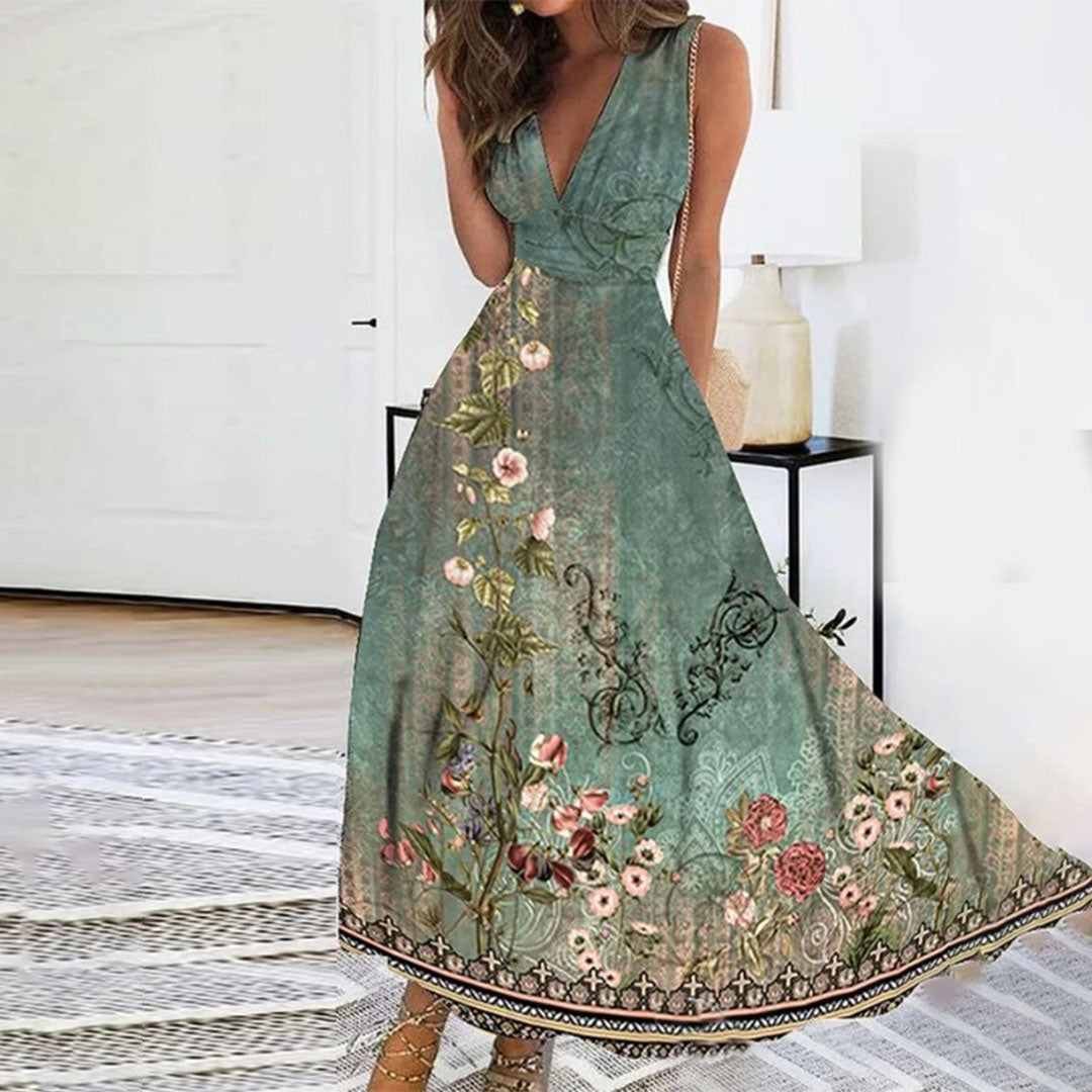 Sleeveless V-neck maxi dress for women with a vibrant floral print, ideal for elegant occasion wear.