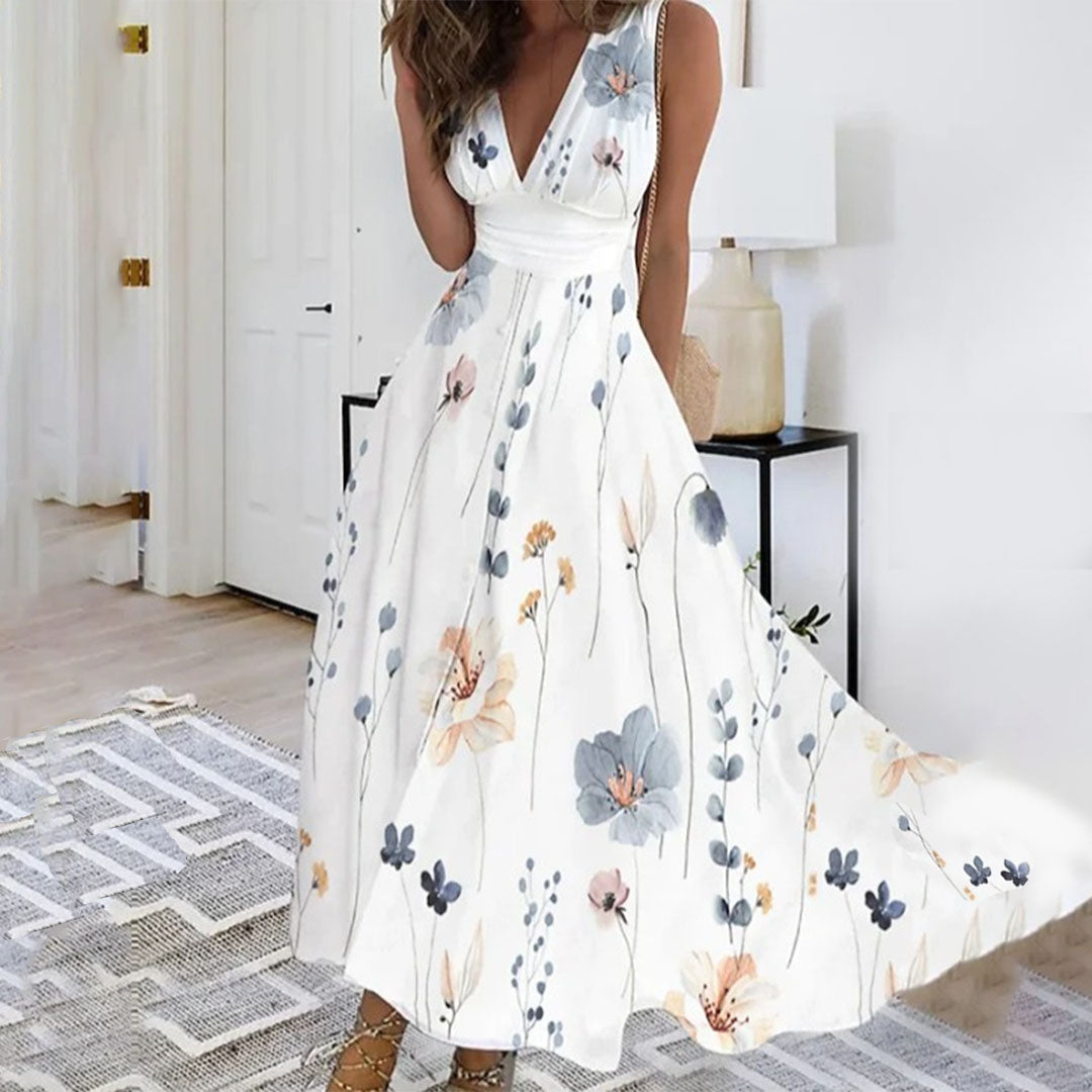 Formal floral maxi dress featuring a flattering V-neck, perfect for summer weddings & special events.