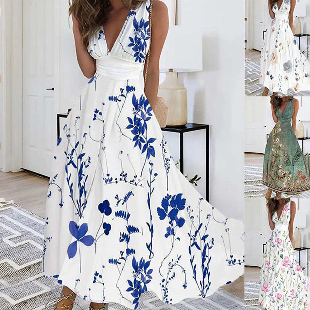 Flowy women's summer maxi dress with a delicate floral pattern & chic V-neck, elegant party wear.