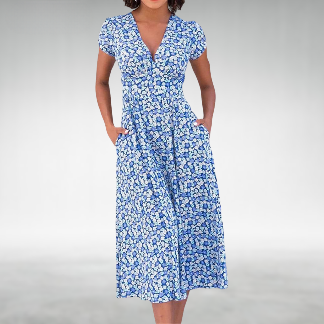 Elegant women's floral V-neck midi dress, perfect for summer. Flowy, short-sleeve design for versatile day or evening wear.