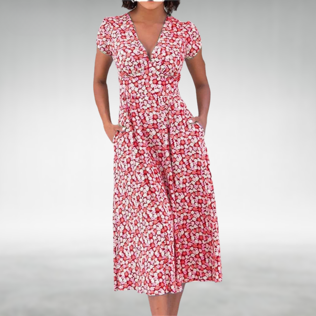 Blue floral V-neck midi dress for women, elegant and flowy. Short-sleeve summer dress, versatile for any occasion.