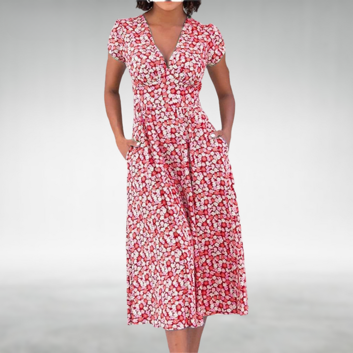 Blue floral V-neck midi dress for women, elegant and flowy. Short-sleeve summer dress, versatile for any occasion.