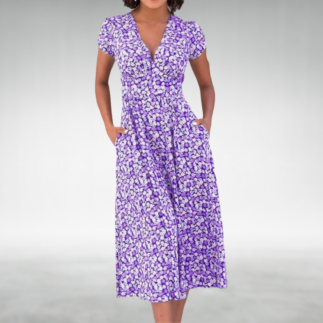 Red floral V-neck midi dress, elegant women's fashion. Flowy short-sleeve design, perfect for summer day or evening.