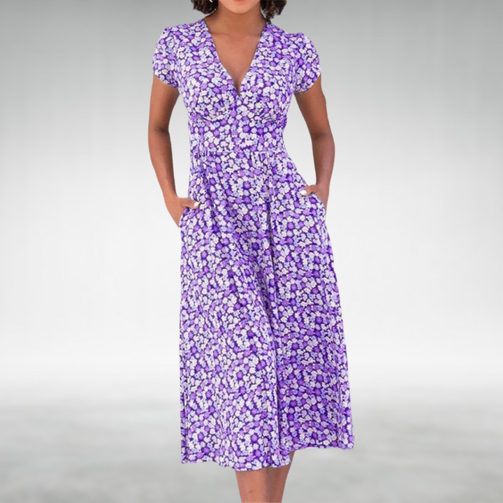 Red floral V-neck midi dress, elegant women's fashion. Flowy short-sleeve design, perfect for summer day or evening.