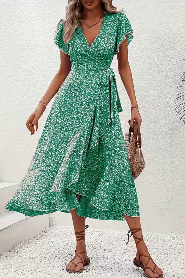 Women's versatile floral V-neck midi dress, featuring an elegant asymmetrical design & short sleeves.