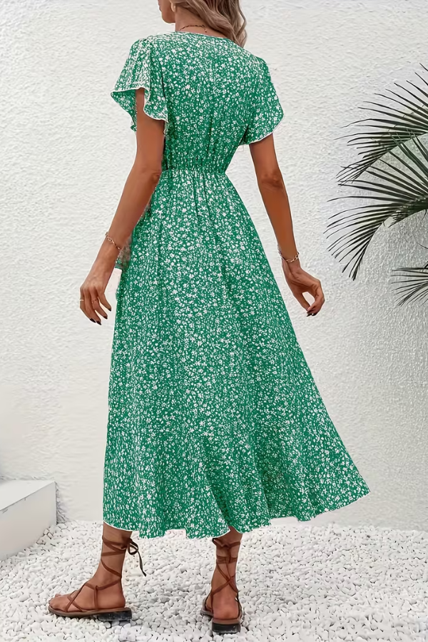 Elegant floral V-neck women's midi dress with a flattering fitted silhouette, perfect for chic summer style.