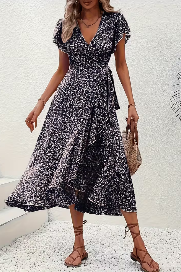 Summer-ready floral V-neck dress for women, a chic midi with short sleeves and a flattering fit.