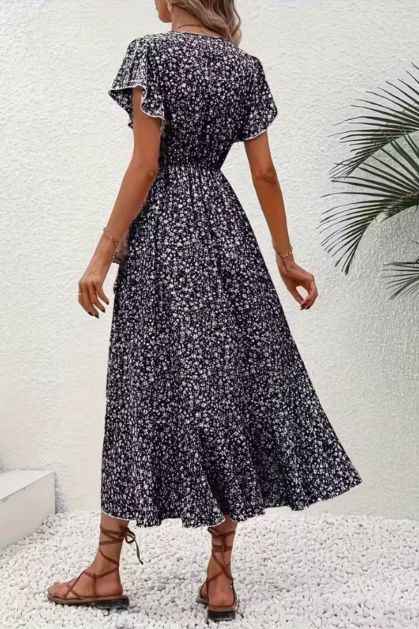 Women's elegant floral V-neck short sleeve dress, a versatile midi with an asymmetrical, fitted design.