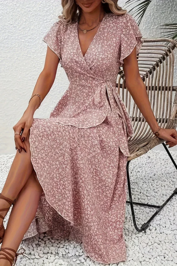 Elegant women's floral V-neck midi dress, perfect for events with its fitted, asymmetrical design.
