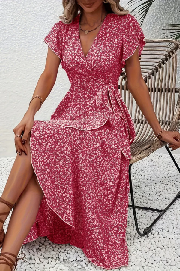 Flattering floral V-neck short sleeve midi dress for women, offering chic and versatile summer fashion.