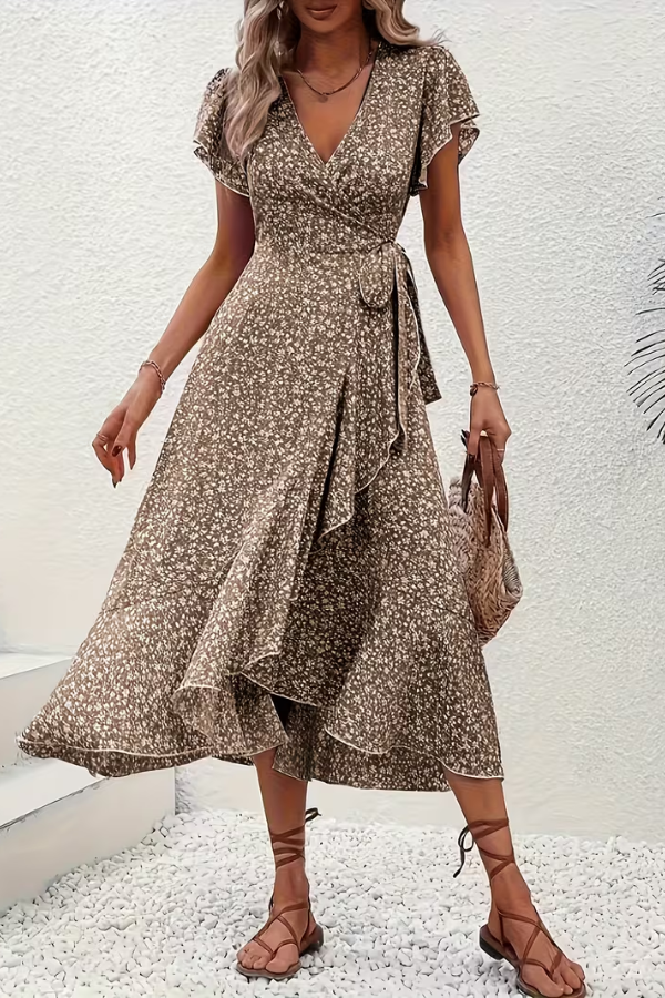 Chic women's short sleeve floral V-neck dress, a versatile fitted midi for elegant event wear.