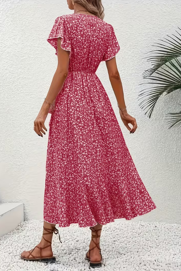 Chic women's floral V-neck short sleeve midi dress, versatile for summer & elegant with flattering fit.