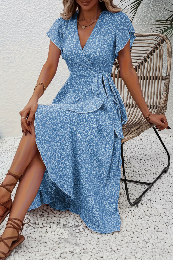 Elegant women's short sleeve floral V-neck midi dress, perfect for events with its asymmetrical design.