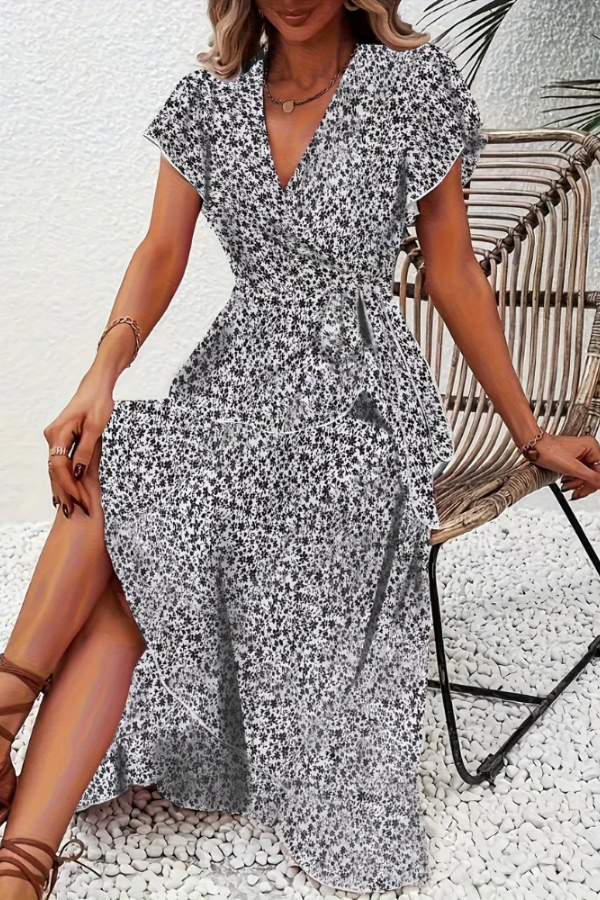 Beautiful women's floral V-neck dress, an elegant short sleeve midi with a fitted, versatile silhouette.