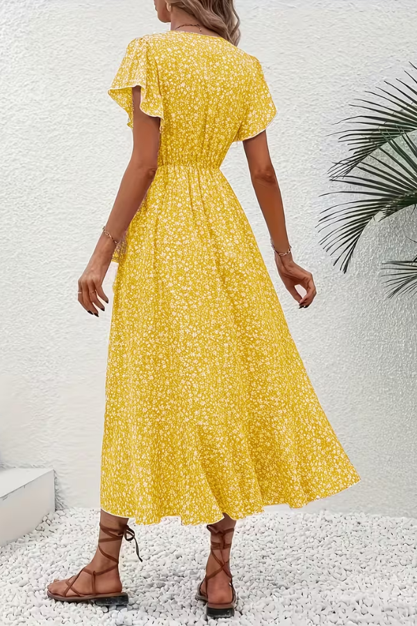 Sophisticated women's floral V-neck short sleeve midi dress, ideal for elegant event wear.