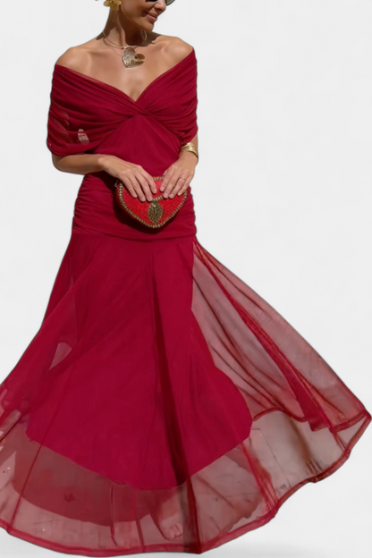 Women's party dress: elegant floral V-neck pleated maxi design.