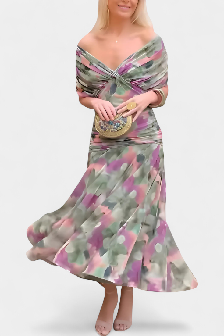 Pleated floral V-neck maxi dress, elegant women's fashion for special events.