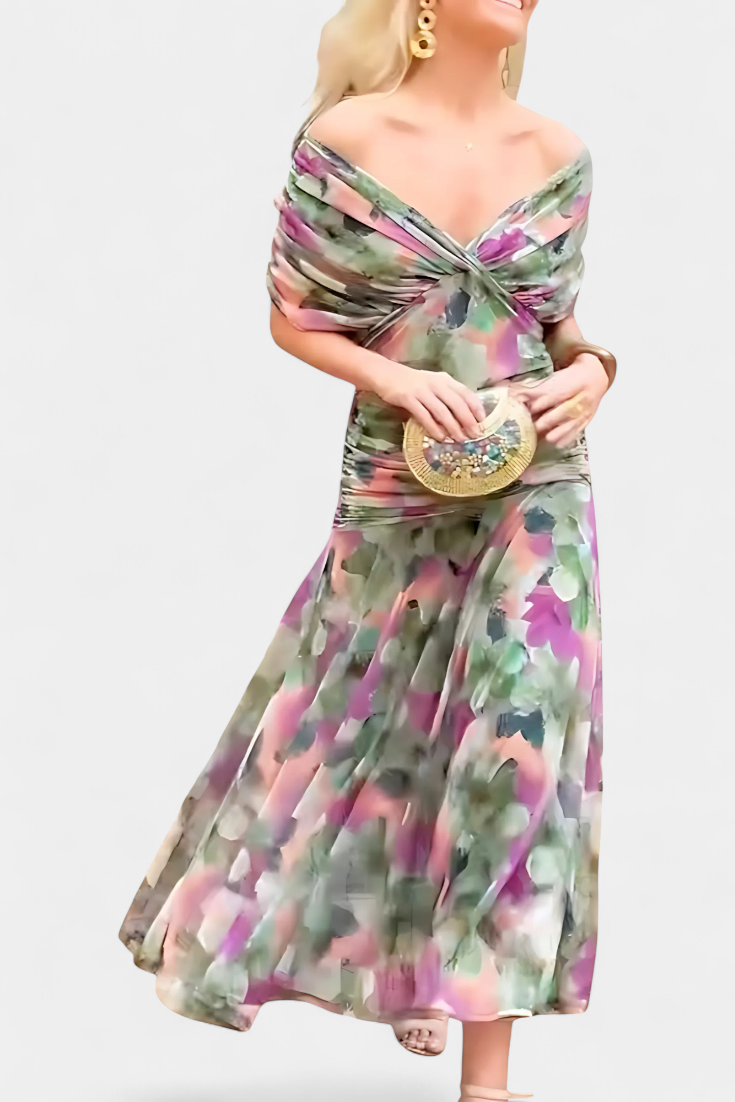Elegant women's evening dress, floral V-neck, and pleated maxi style.