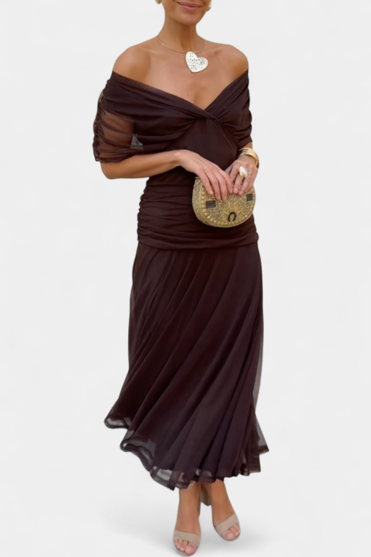 Elegant women's floral maxi dress with V-neck and stylish pleated details.