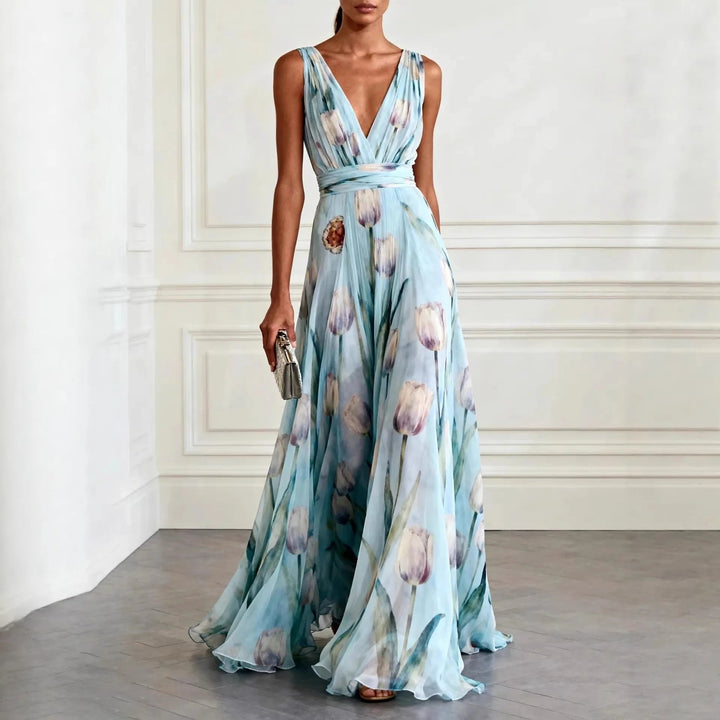 Elegant women's floral V-neck wrap maxi dress, perfect for summer parties or spring occasions.