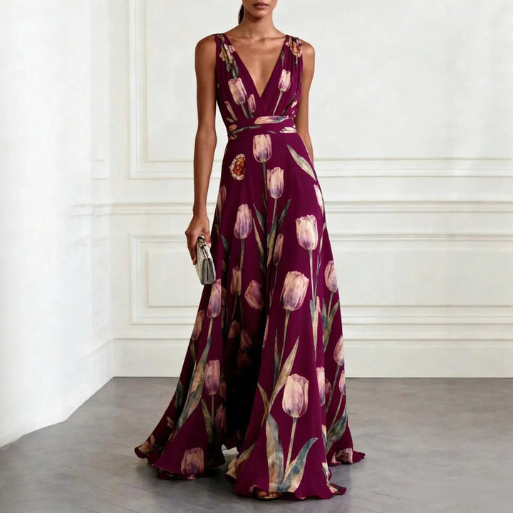 Close-up of the flowing fabric of an elegant floral print V-neck wrap maxi dress, ideal for parties.