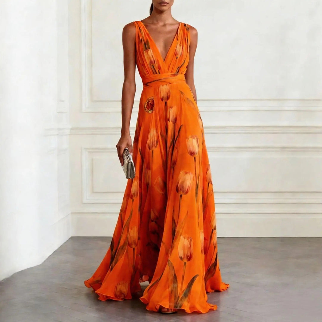 Woman gracefully wearing a long floral V-neck wrap maxi dress, showcasing elegant spring and summer fashion.